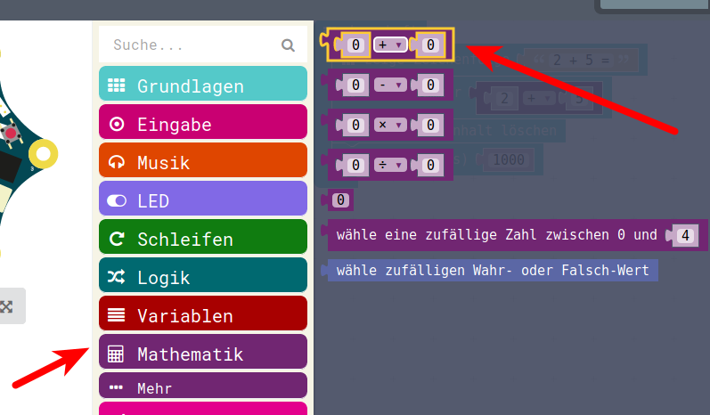 Zahlen addieren im Menu Mathematik